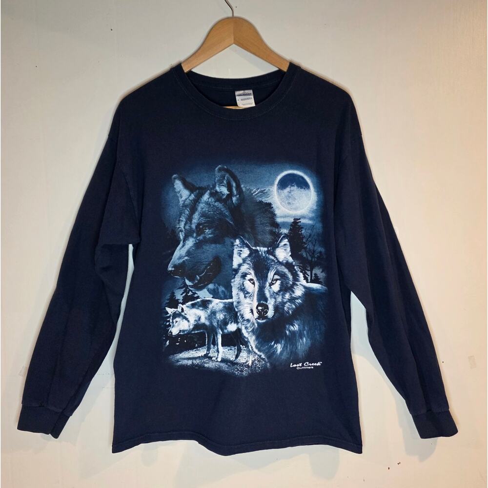Large Lost Creek Outfitters Blue Wolf Moon Long Sleeve Gildan Shirt Cotton